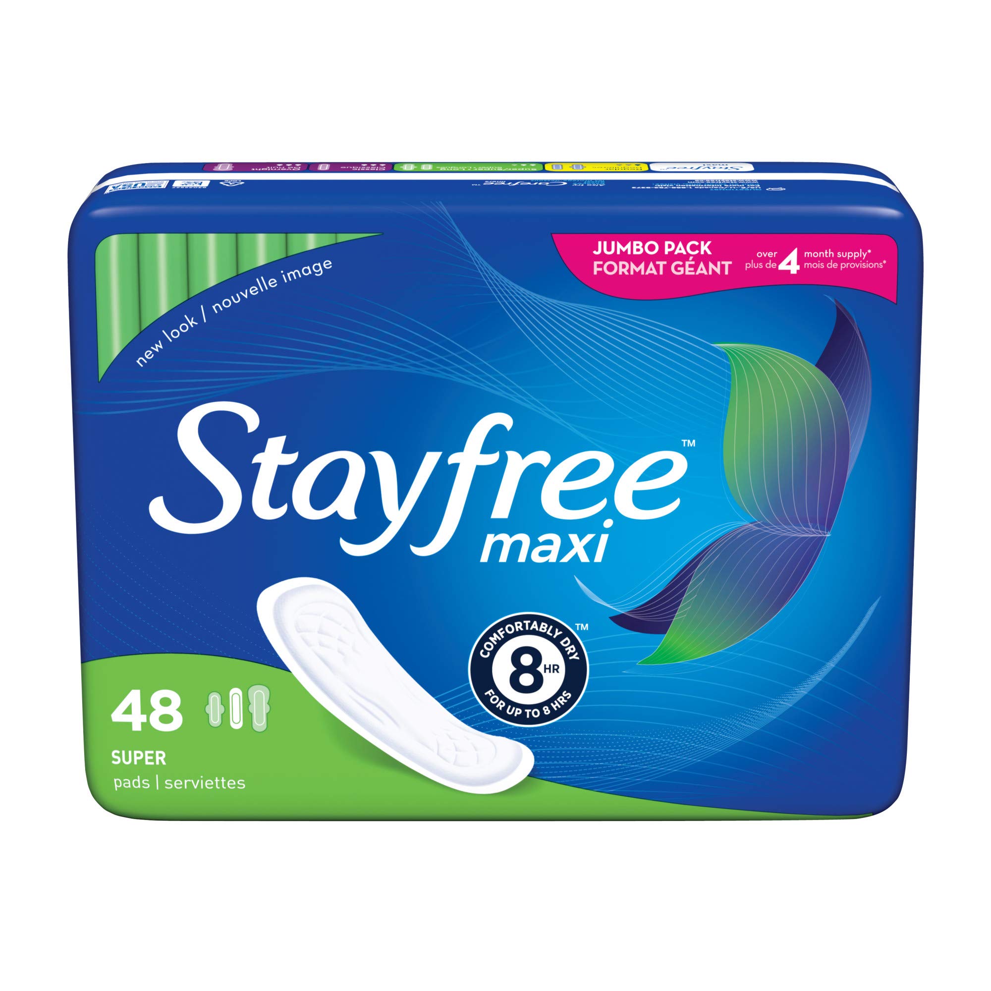 Stayfree Maxi Pads – Super, Long, Wingless, 48 Count