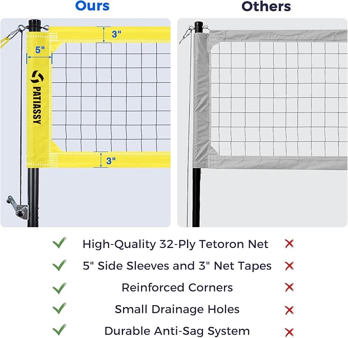 Patiassy Professional Volleyball Net Set with Adjustable Poles & Carry Bag (Yellow)