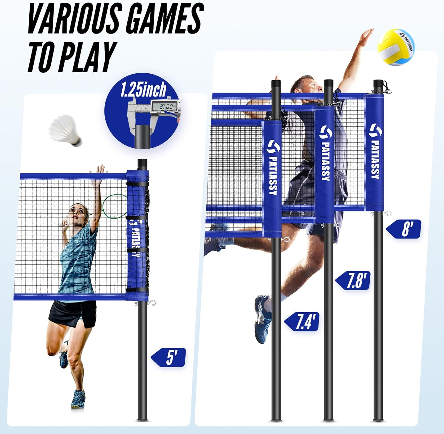 Patiassy Volleyball & Badminton Combo Set with Adjustable Net and Accessories (Blue)