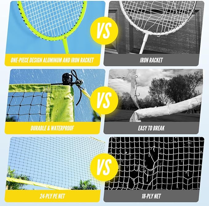 Patiassy Volleyball & Badminton 2-in-1 Combo Set with Adjustable Net (Yellow)