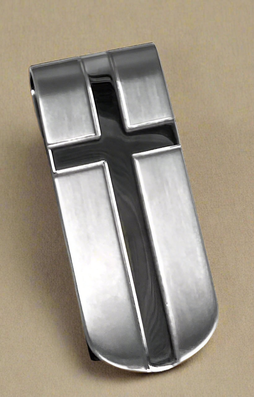 Brushed Steel Money Clip with Bold Cross Accent