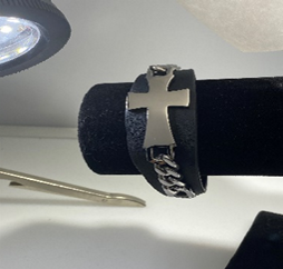 Fashion Black Leather Cross with Chain Bracelet and watch band Lock 8.5"