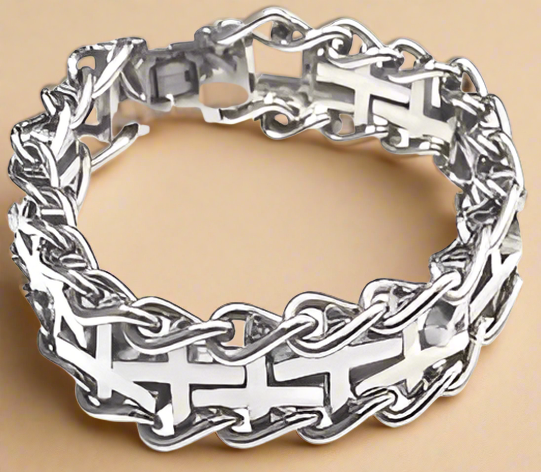 Fashion STST Cross w/Vine Link Polish Bracelet 8.5"