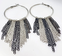 JEWELRY FASHION Black and Silver Plated Hanging Chain Hoop Earring
