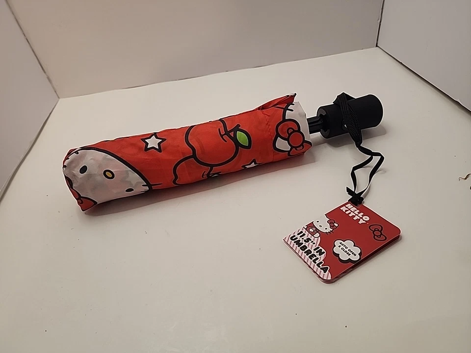 Hello Kitty 11.5" Folding Umbrella Red Apples Stars Auto Open Close