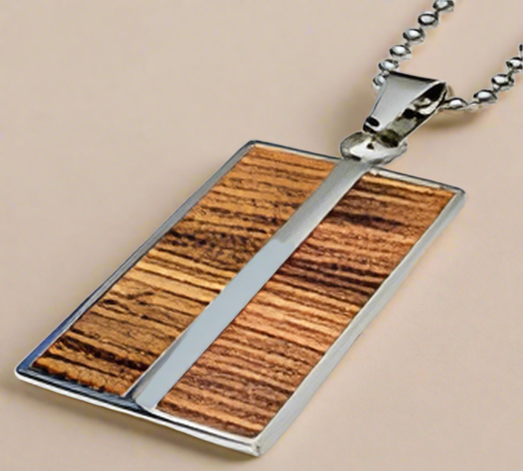 FASHION Brushed Wood Grain Rect Dog Tag Pendant 24"