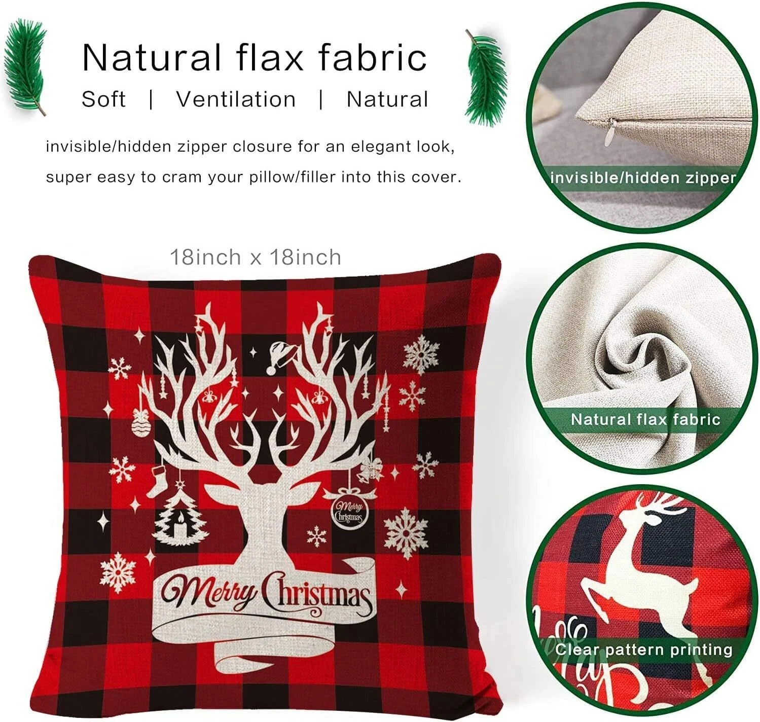 Christmas Throw Pillow Cushion Covers Set – 4Pcs Linen Pillow Case Merr