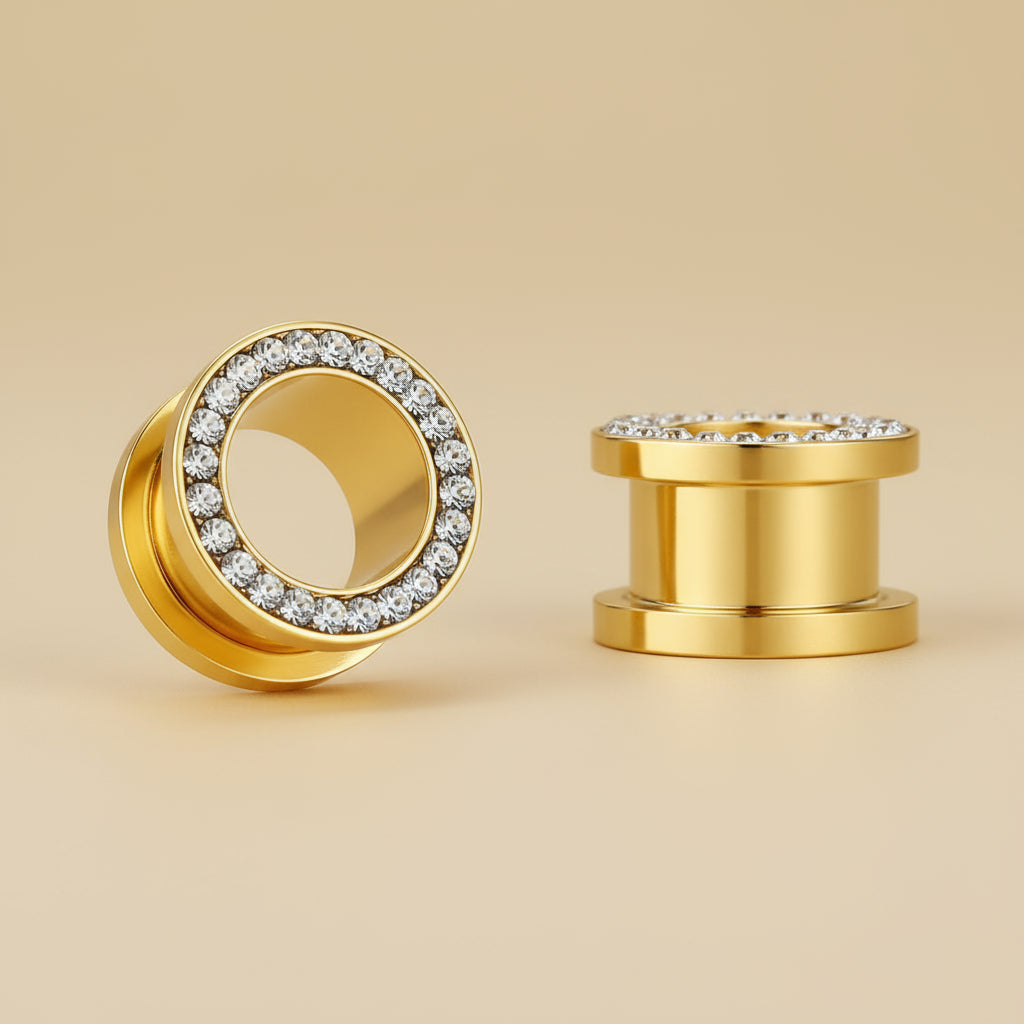 Hollow Zircon Screw Ear Plug Tunnel – Gold, Silver, or Black