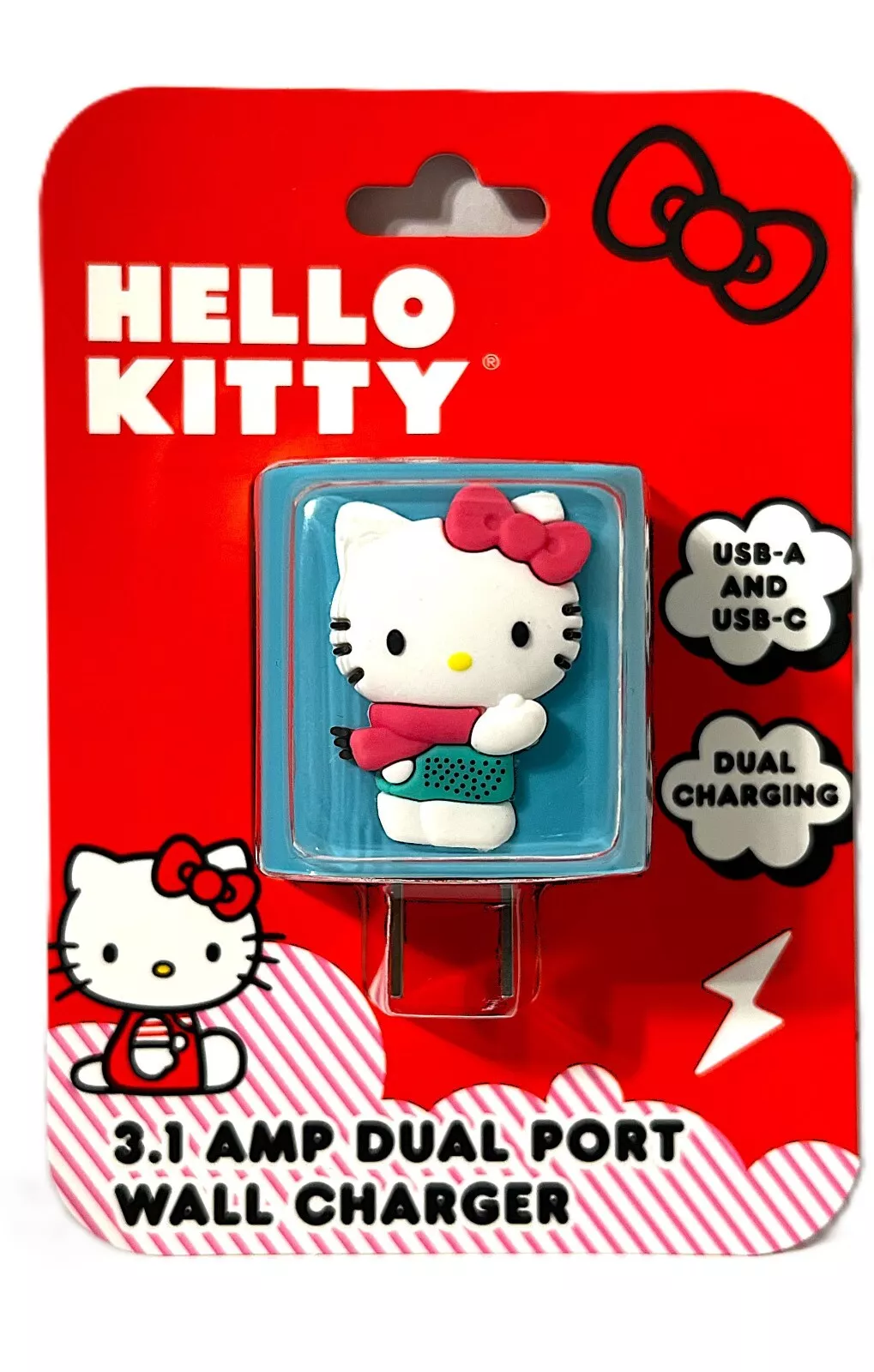 Hello Kitty Pink Scarf Dual Port Wall Charger 3.1 AMP USB A & C Brand NEW