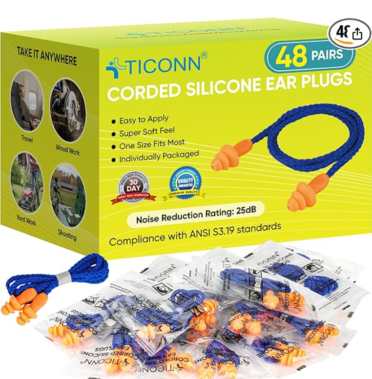 TICONN 48 Pairs Reusable Silicone Ear Plugs – Noise Cancelling, 25dB NRR Corded Earplugs for Sleeping, Study & Travel