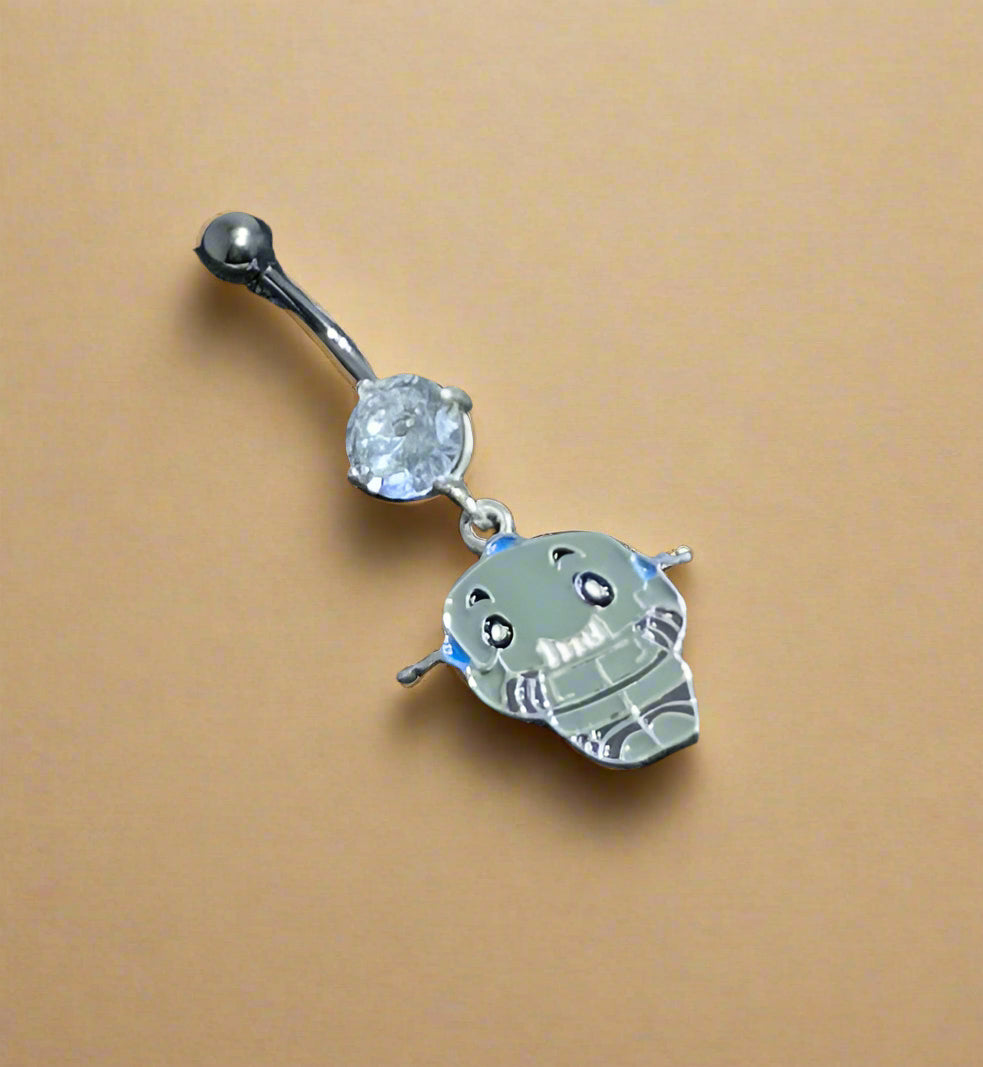 HUA Q Belly Ring – Stainless Steel Dangle with CZ Gem & Robot Charm