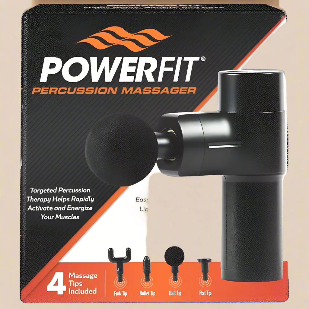 Powerfit MASSAGER Gun Deep Tissue Body Percussion Handheld 4 Tips 4 Settings