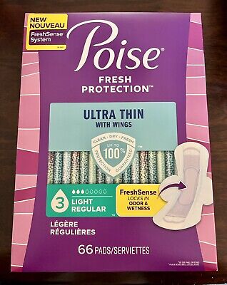 Poise Ultra Thin Incontinence Pads with Wings – Light, 66 Count (3-Drop, Regular Length)